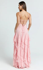 Maeve Maxi Dress - V Neck Ruffle Tier Slip Dress in Pink