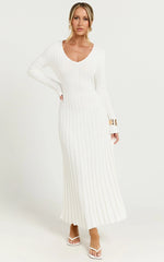 Astra Maxi Dress - V Neck Long Sleeve Knit Dress in White