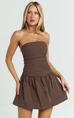 Donatella Mini Dress - Strapless Drop Waist Dress in Chocolate