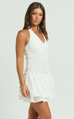 Judith Mini Dress - Shirred Halter Dress in White