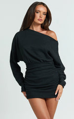 Alyce Mini Dress - Long Sleeve One Shoulder Dress in Black