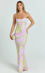 Krishna Maxi Dress - Strappy Scoop Neck Floral Placement Print Georgette Dress in Swirl Print