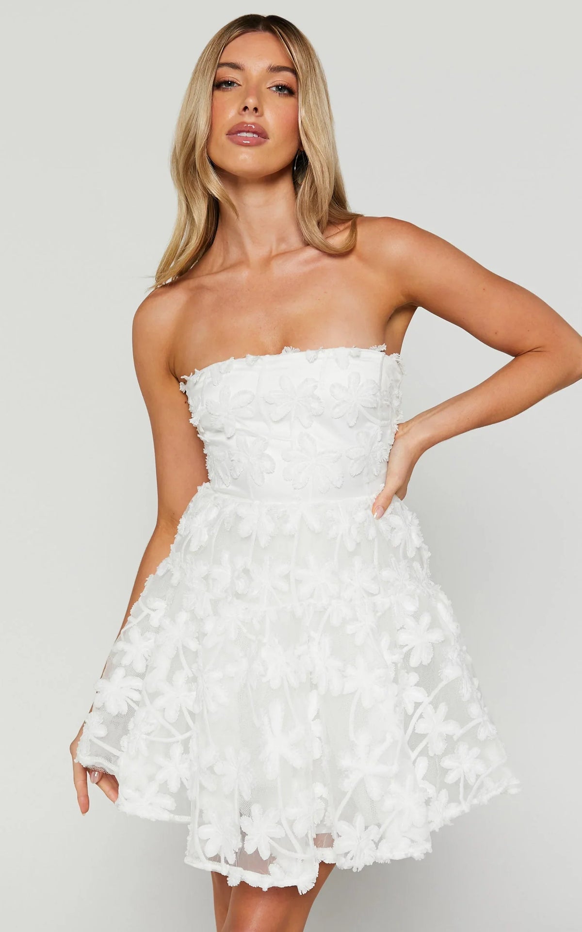 Rheiva Mini Dress - Strapless 3D Embroidery Dress in White