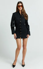 Lizzie Mini Dress - Long Sleeve Button Front Shirt Dress in Black