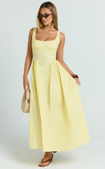 Donatella Midi Dress - Ruched Bust Fit And Flare Dress in Lemon
