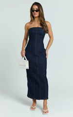 Keziah Maxi Dress - Denim Strapless Bodycon Dress in Indigo Wash