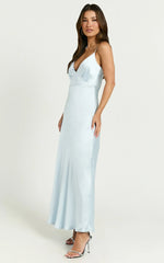 Lorenzia Maxi Dress - Plunge Corset Underbust Detail Satin Dress in Light Blue