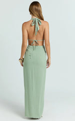 Brooklyn Maxi Dress - Halter Neck Knot Detail Front Split Maxi Dress in Sage