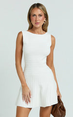 Jacqueline Mini Dress - High Neck Fit And Flare Pleat Knit Dress in Cream