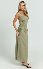 Myra Maxi Dress - Halter Ruched Side Dress in Olive