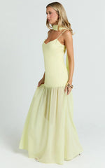 Calvin Maxi Dress - Linen Look Contrast Georgette Skirt with Neck Scarf in Lemon