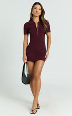 Gabriel Mini Dress - Short Sleeve Polo Knit Mini Dress in Cherry Liqueur