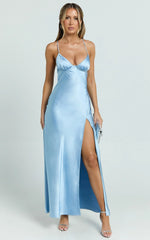 Heidi Maxi Dress - Satin Ruched Bust Tie Back Dress in Blue