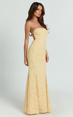Belrose Maxi Dress - Jacquard Square Neck Fit And Flare Dress in Yellow