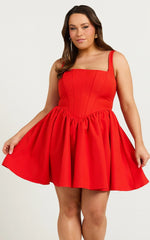 Aimee Mini Dress - Scoop Neck Corset Gathered Dress in Red