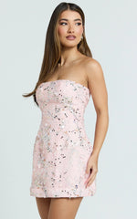 Jayden Mini Dress - Strapless A Line Dress in Pink Floral