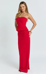 Anya Two Piece Top and Skirt Set - Strapless Fit And Flare Top And Maxi Skirt in Red