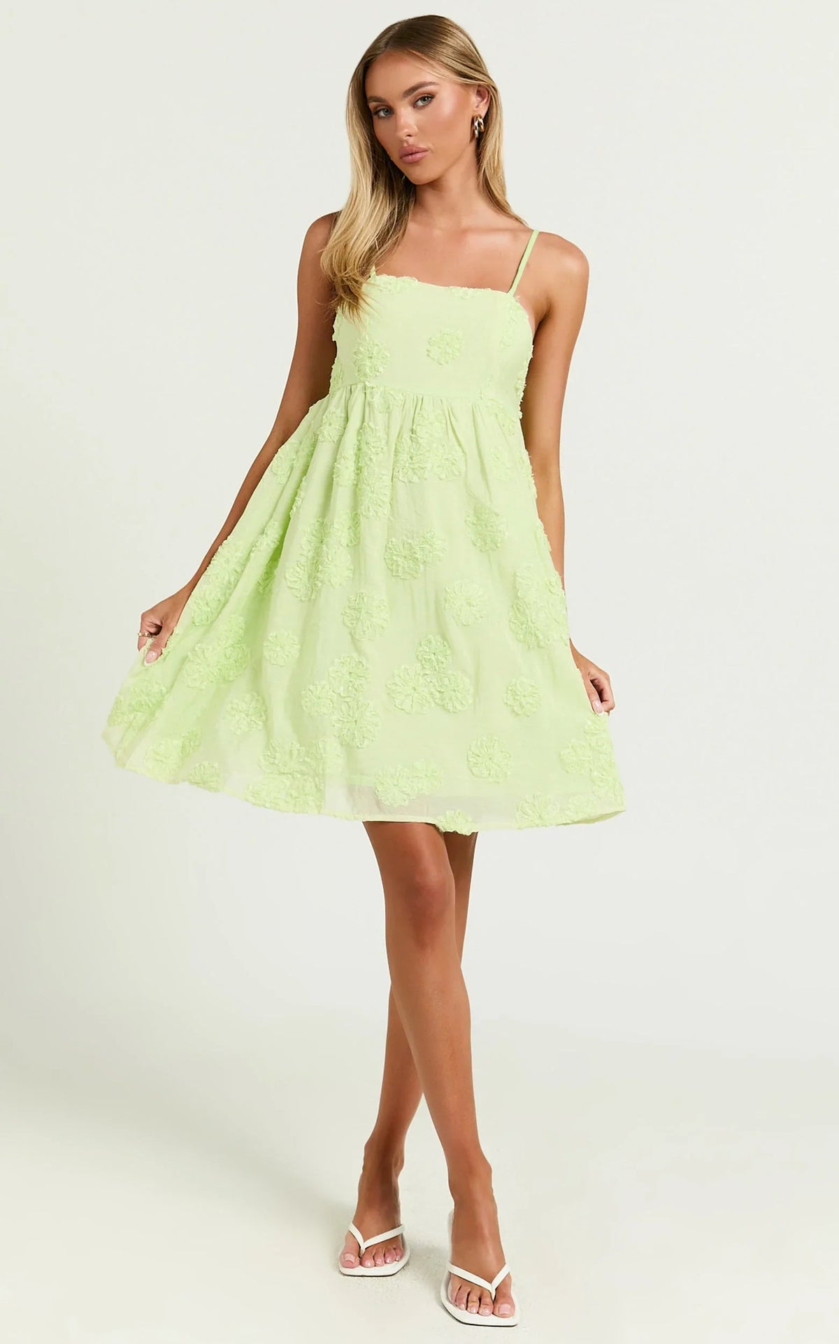 Claya Mini Dress - Sleeveless Straight Neckline Floral Detail Dress in Lime