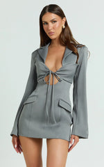 Jamaica Mini Dress - Cut Out Ruched Tie Front Fitted Blazer Dress in Grey