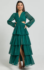 Jacinda Maxi Dress - Cut Out Long Sleeve Thigh Split Tiered Dress in Emerald