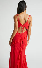 Nitha Maxi Dress - Asymmetrical Frill Thigh Split Dress in Red