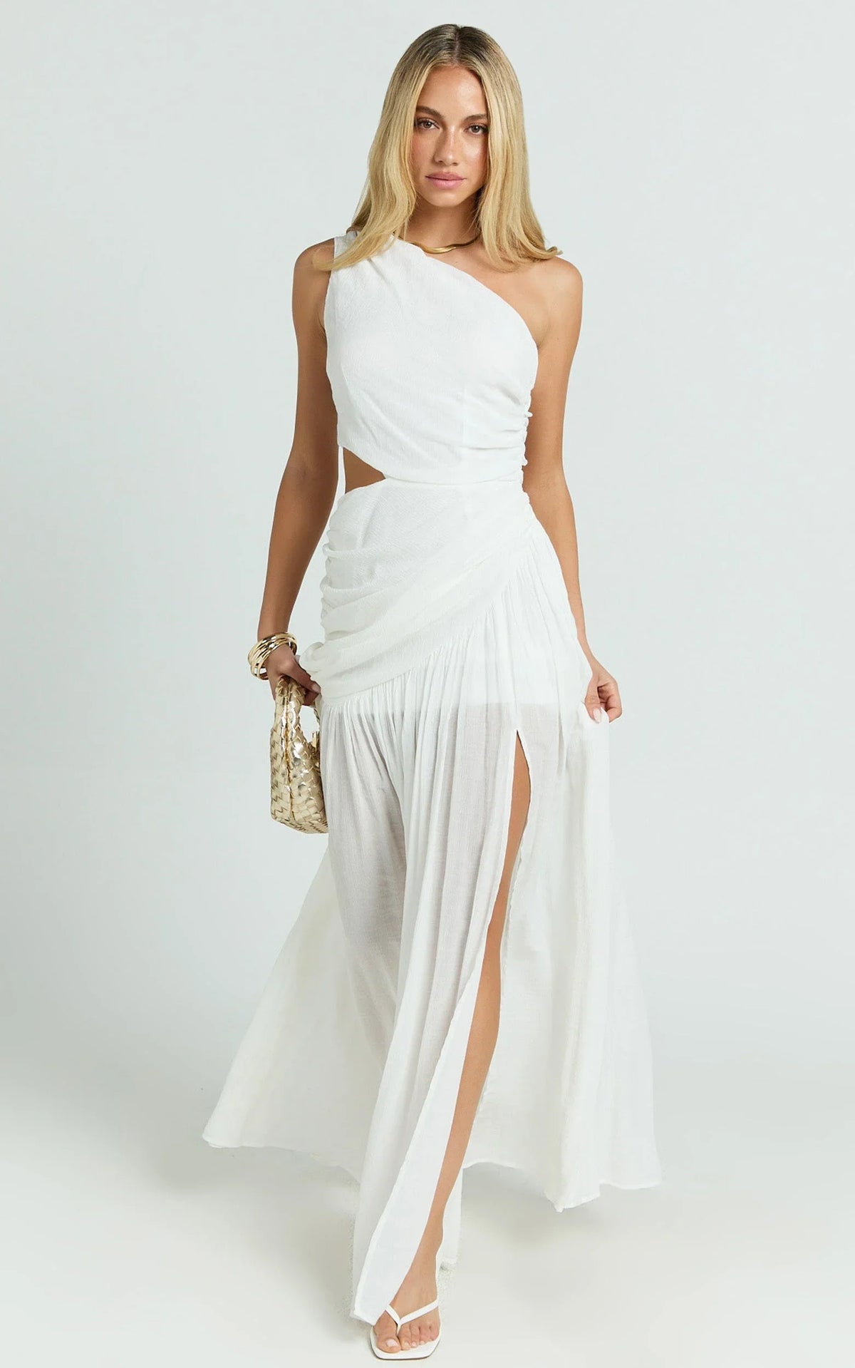 Darcy Maxi Dress - One Shoulder Side Cut Out Gathered Dress in White