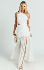 Darcy Maxi Dress - One Shoulder Side Cut Out Gathered Dress in White