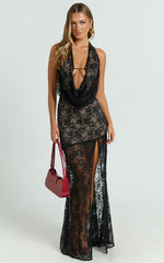 Esmeralda Maxi Dress - Low Cowl Halter Lace Fit And Flare Dress in Black