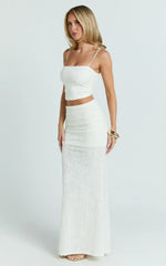Kayrene Two Piece Top and Skirt Set - Straight Neck Top And Ruched Low Rise Maxi Skirt in Cream