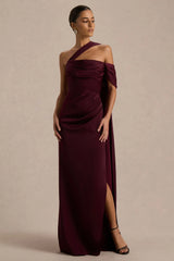 Yazmin | Burgundy Satin Asymmetric Maxi Dress With One-Sleeve Cape