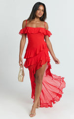 Brigitte Maxi Dress - Halter Off Shoulder Georgette Ruffle Tiered Dress in Red