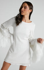 Rowella Mini Dress - Faux Feather Bell Sleeve Dress in White