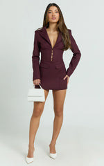 Lawrence Mini Dress - Workwear Hook And Eye Front Fit And Flare Blazer Dress in Wine