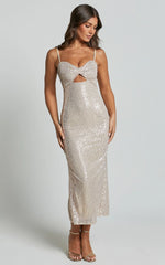 Agatha Maxi Dress - Sequin Twist Front Cut Out Dress in Gold