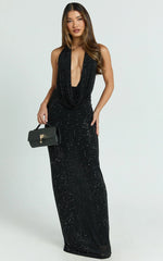 Felix Maxi Dress - Low Cowl Neck Bodycon Tie Back Dress in Black