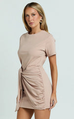 Candace Mini Dress - Faux Wrap Shift Dress in Beige
