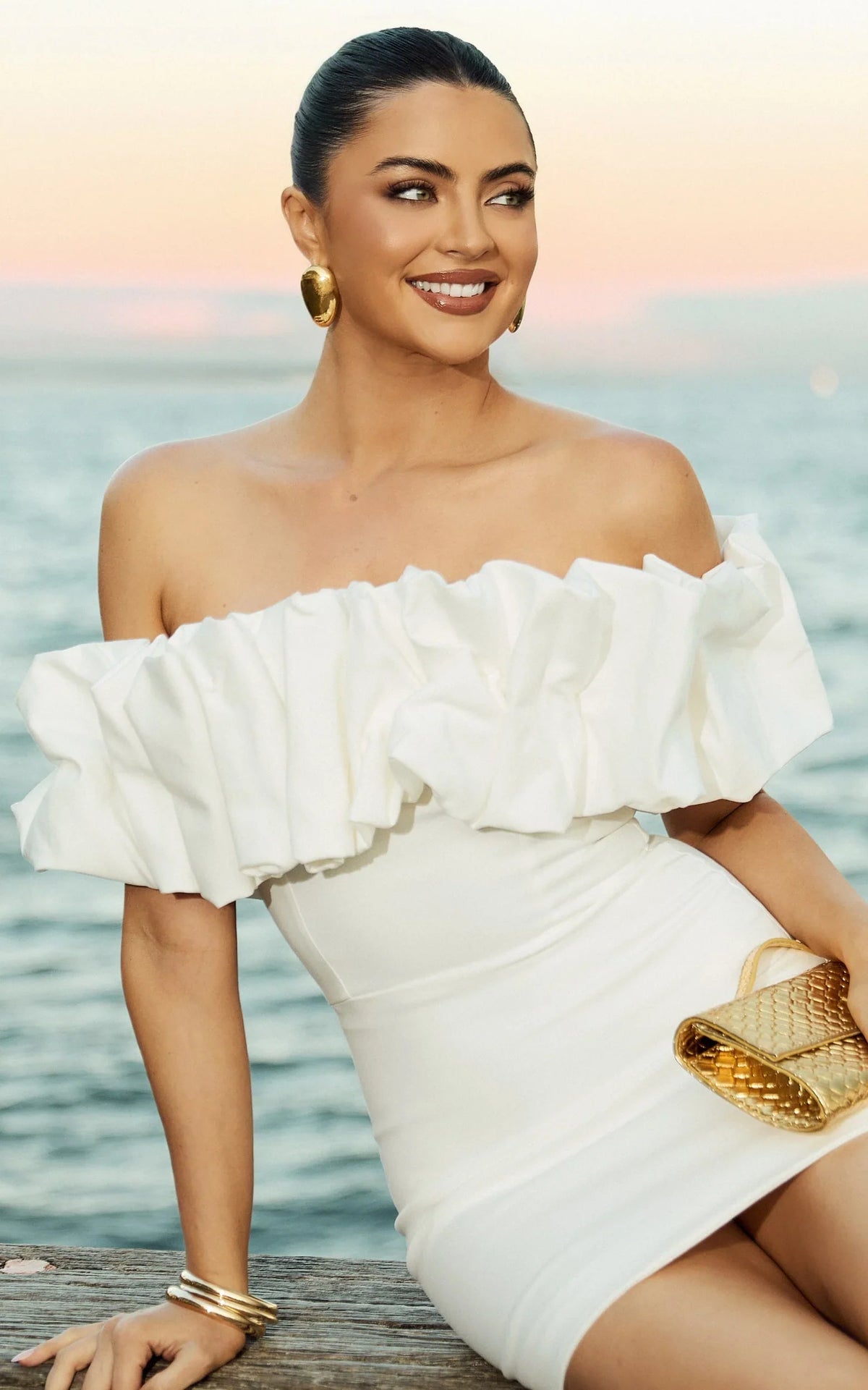 Coraline Mini Dress - Ruffle Off Shoulder Fitted Dress in White