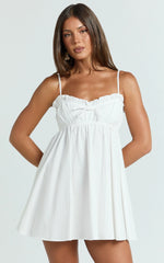 Augustine Mini Dress - Strappy Frill Babydoll Mini Dress in Off White