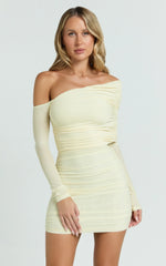 Imelda Mini Dress - Tipped Off Shoulder Long Sleeve Ruched Fitted Skirt Dress in Lemon