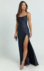 Ardent Maxi Dress - Cowl Neck Tie Back Satin Dress in Navy