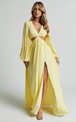 Paige Maxi Dress - Side Cut Out Balloon Sleeve Dress in Lemon