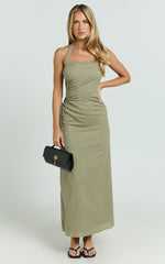 Myra Maxi Dress - Halter Ruched Side Dress in Olive