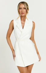 Romeo Mini Dress - Front Tie Collared Flap Pocket Dress in White