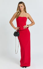 Anya Two Piece Top and Skirt Set - Strapless Fit And Flare Top And Maxi Skirt in Red