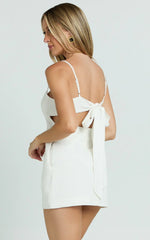 Lillith Mini Linen Blend Dress - Scoop Neck Tie Back Dress in Off White