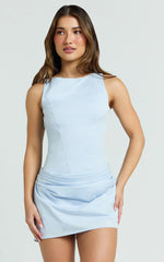 Lilith Mini Dress - High Neck Draped Skirt Dress in Pale Blue