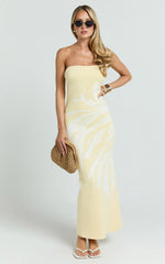 Rema Maxi Dress - Intarsia Floral Strapless Knitted Dress in Lemon