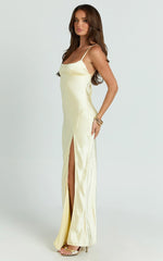 Natalie Maxi Dress - Satin Scoop Neck Low Tie Back Slip Dress in Lemon