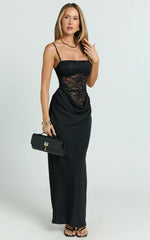 Rania Maxi Dress - Contrast Lace Bodice Bias Cowl Drop Waist Dress in Black