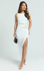 Alberta Maxi Dress - Spliced Sheer Lace Column Dress in White